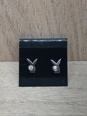PLAYBOY Silver Bunny Head Stud Earrings with Clear Stones